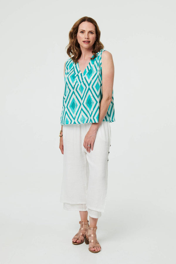 Geo Print V-Neck Sleeveless Relaxed Top