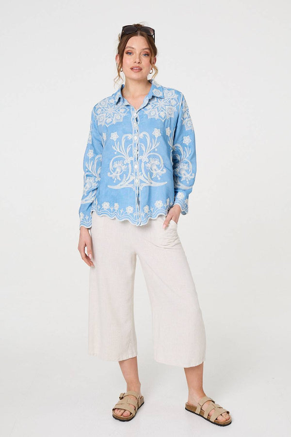 Embroidered Texture Scalloped Hem Shirt