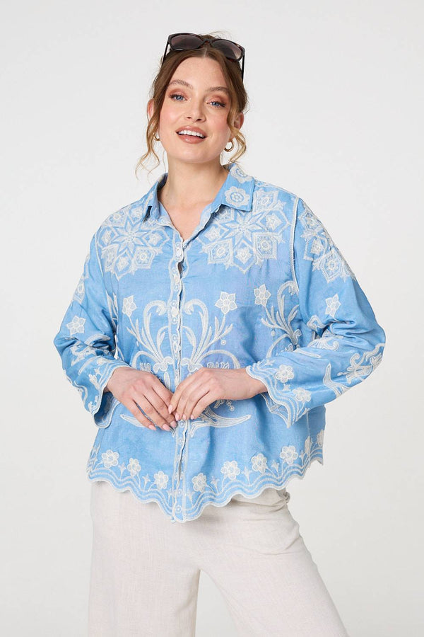 Embroidered Texture Scalloped Hem Shirt