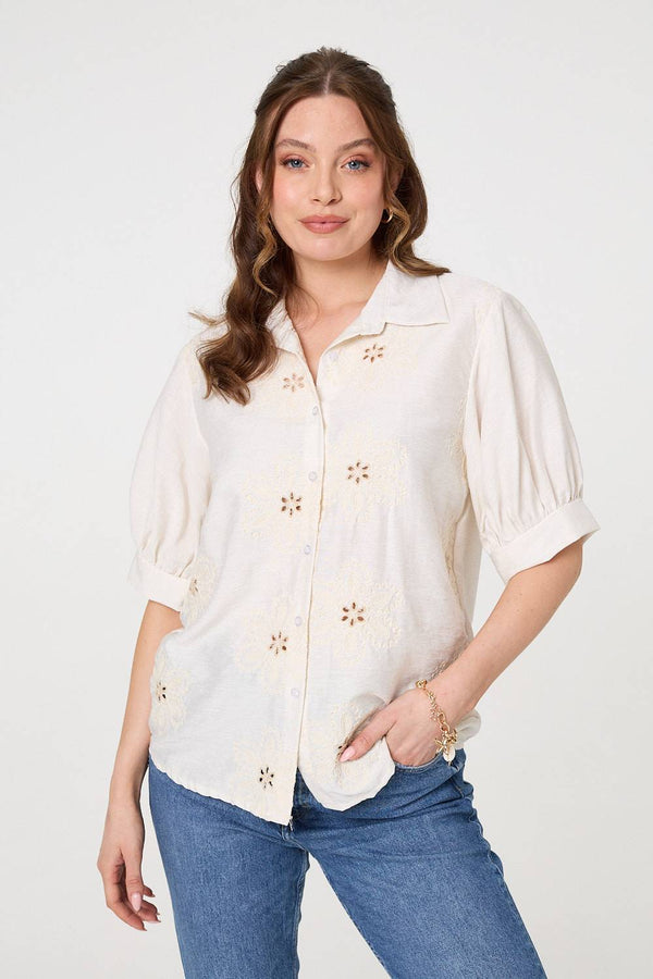 Floral Embroidered Puff Sleeve Blouse