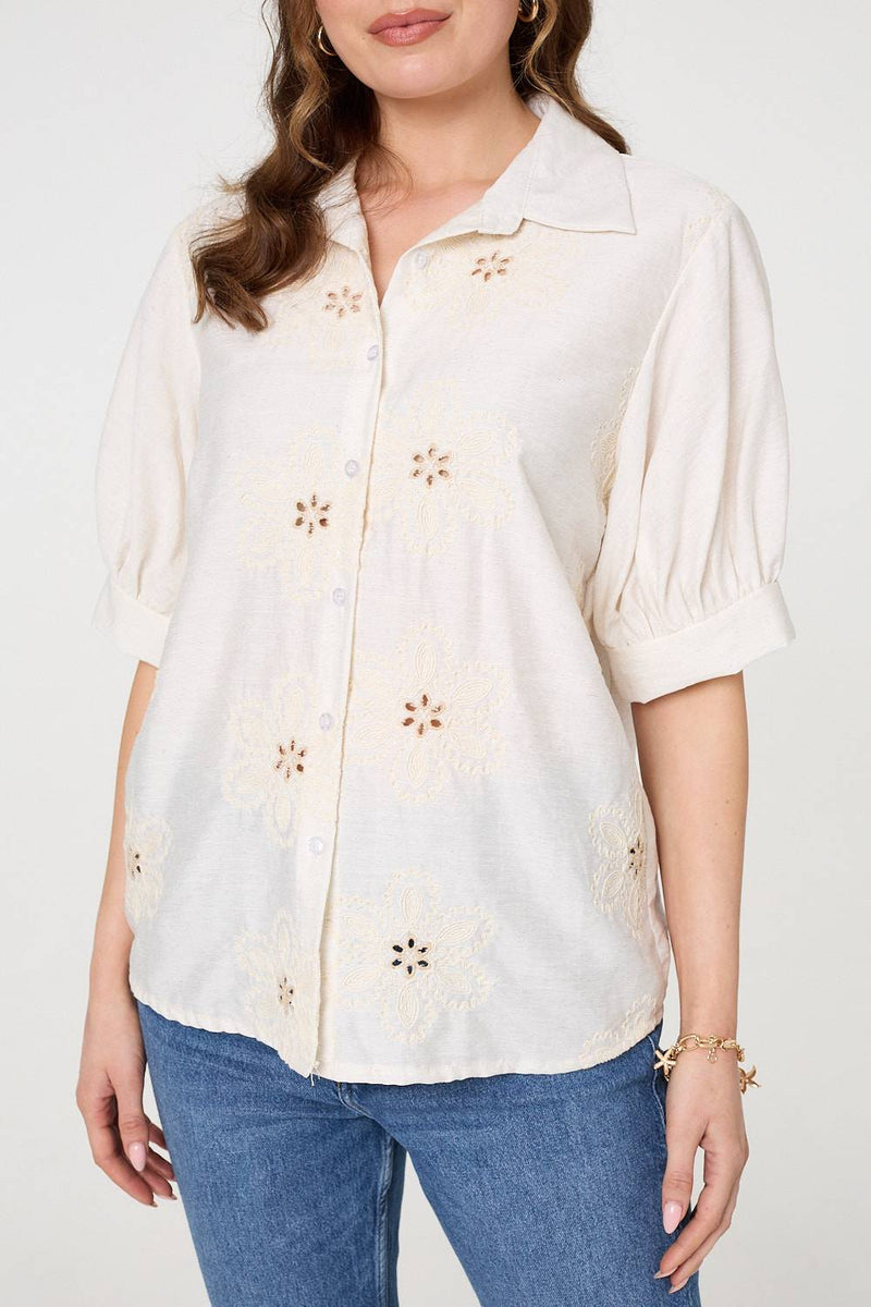 Floral Embroidered Puff Sleeve Blouse