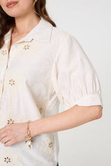 Floral Embroidered Puff Sleeve Blouse