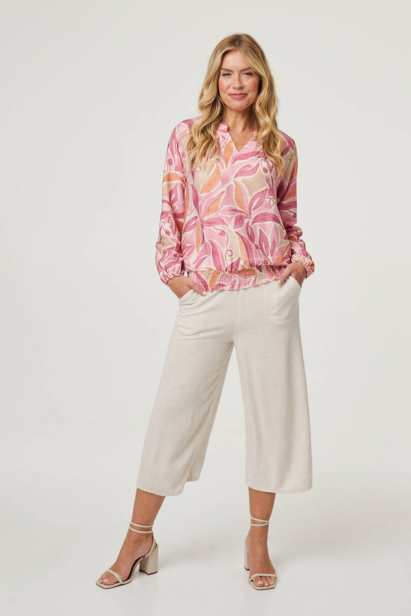 Floral Shirred 3/4 Sleeve V-Neck Blouse