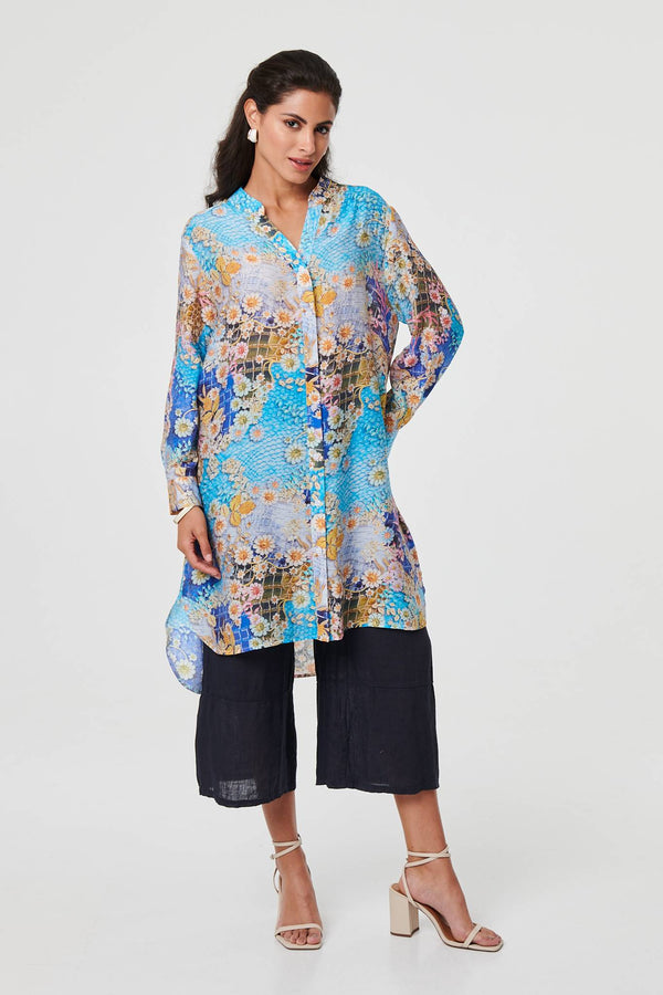 Floral Long Sleeve Longline Tunic Shirt