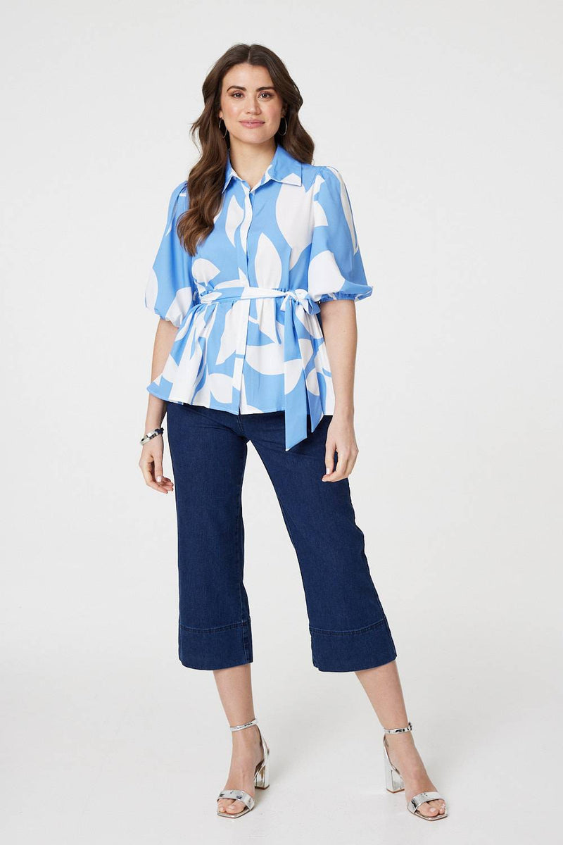 Abstract Puff Sleeve Tie Waist Blouse