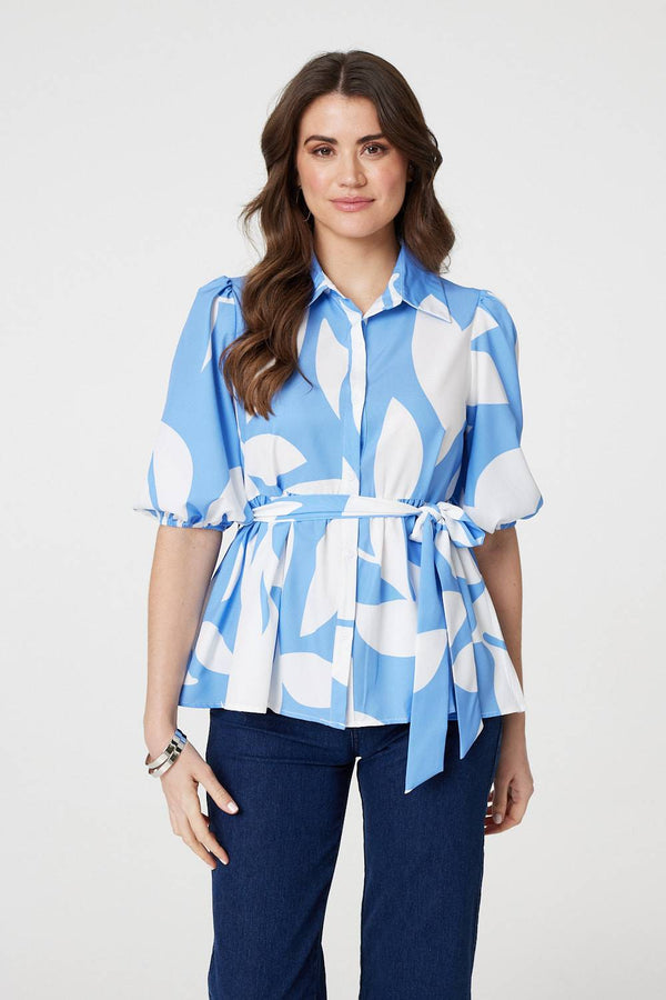 Abstract Puff Sleeve Tie Waist Blouse