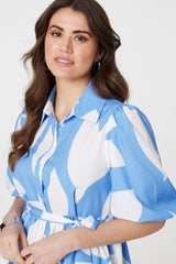 Abstract Puff Sleeve Tie Waist Blouse