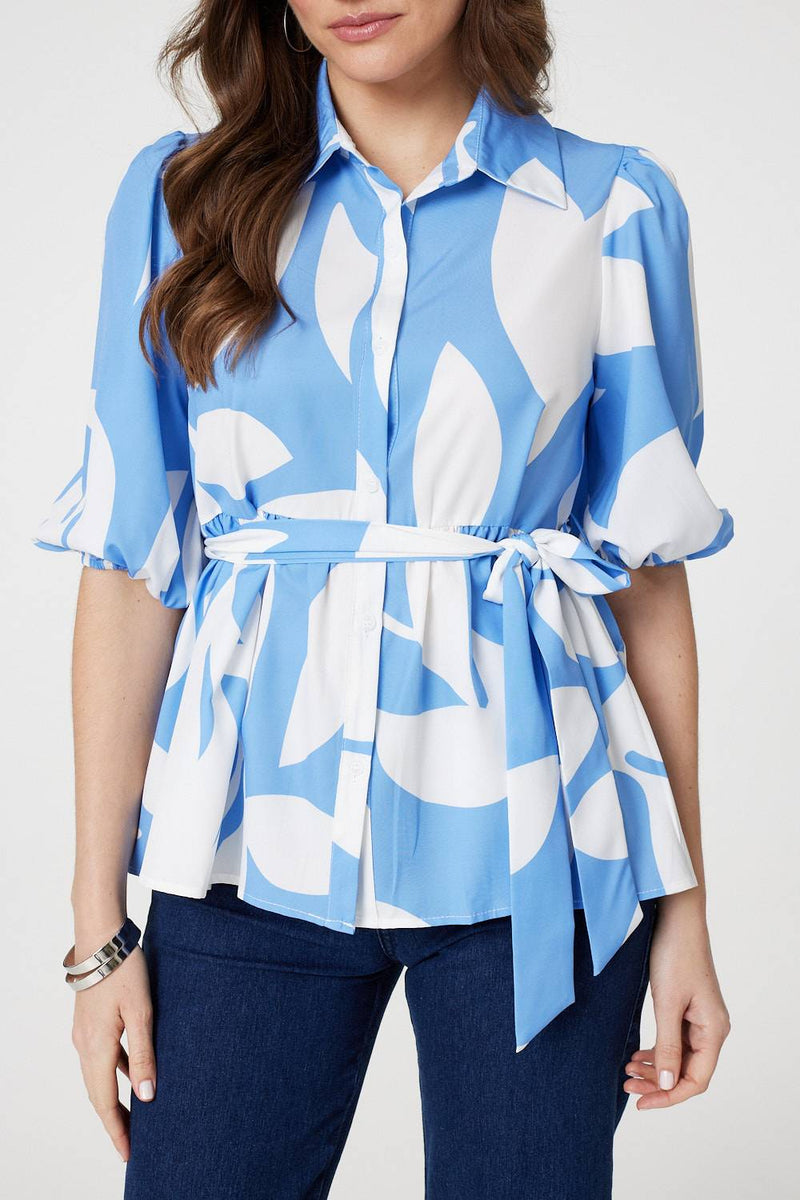 Abstract Puff Sleeve Tie Waist Blouse