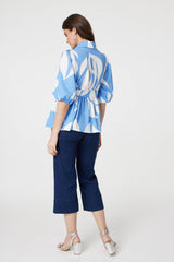 Abstract Puff Sleeve Tie Waist Blouse