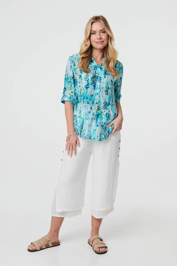 Printed 3/4 Sleeve Relaxed V-Neck Blouse