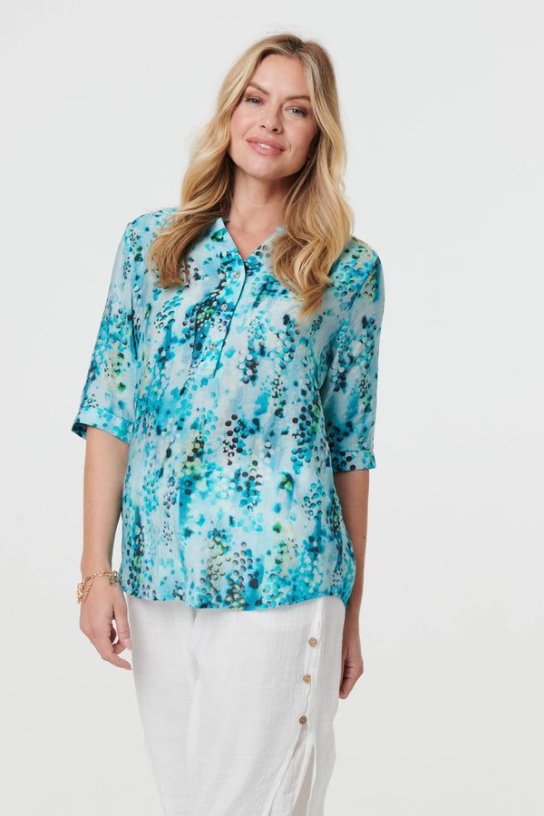 Printed 3/4 Sleeve Relaxed V-Neck Blouse