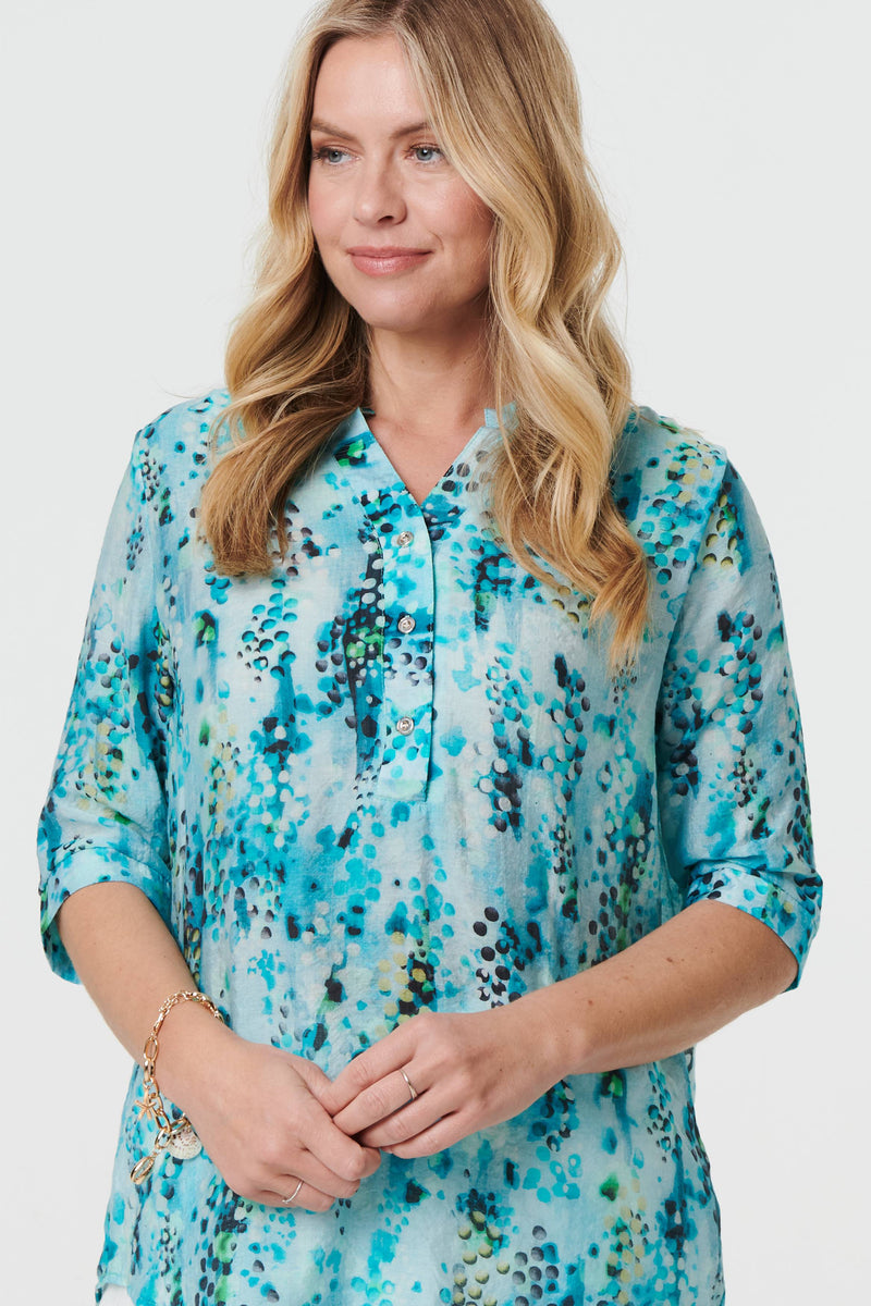 Printed 3/4 Sleeve Relaxed V-Neck Blouse