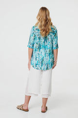 Printed 3/4 Sleeve Relaxed V-Neck Blouse
