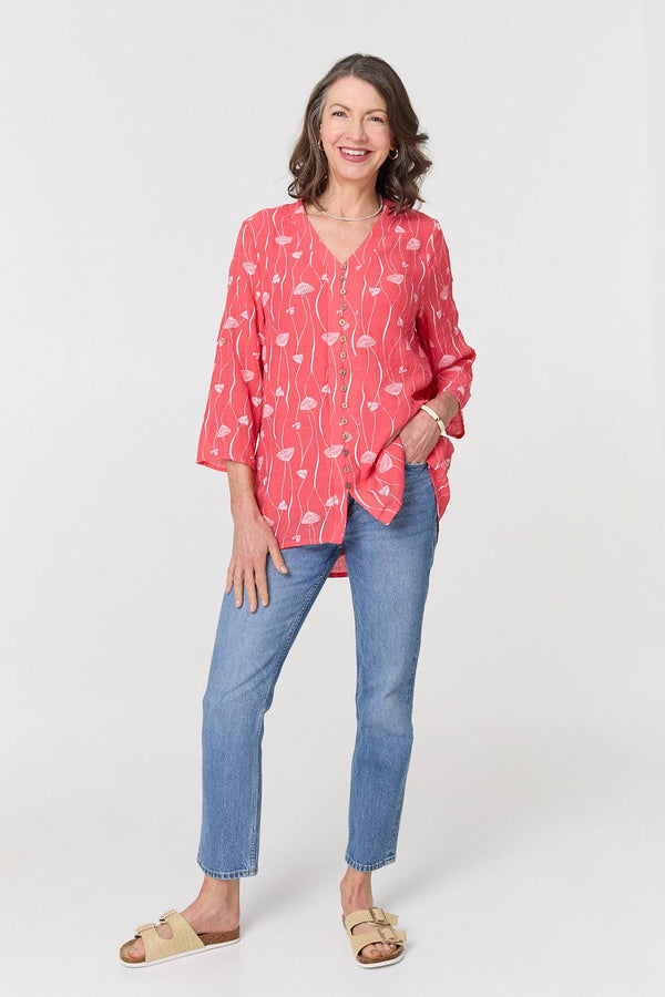 Printed Curve Hem V-Neck Tunic Blouse