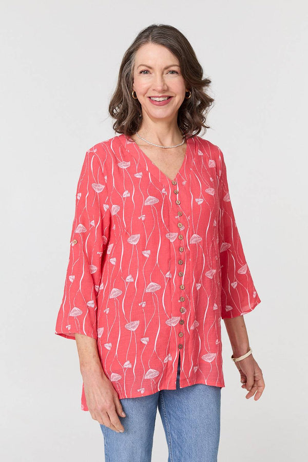 Printed Curve Hem V-Neck Tunic Blouse