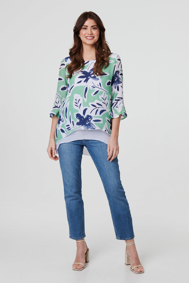 Floral Print Layered Relaxed Tunic Top