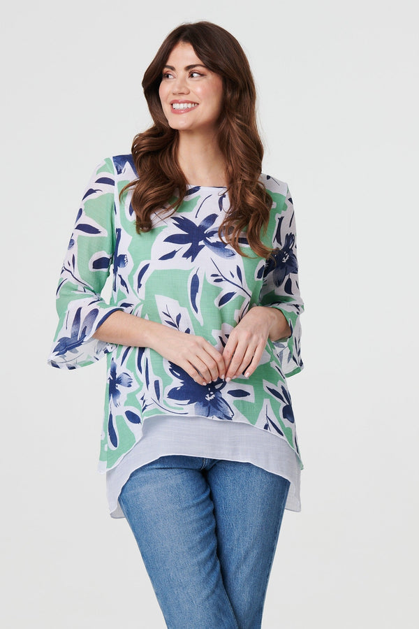 Floral Print Layered Relaxed Tunic Top