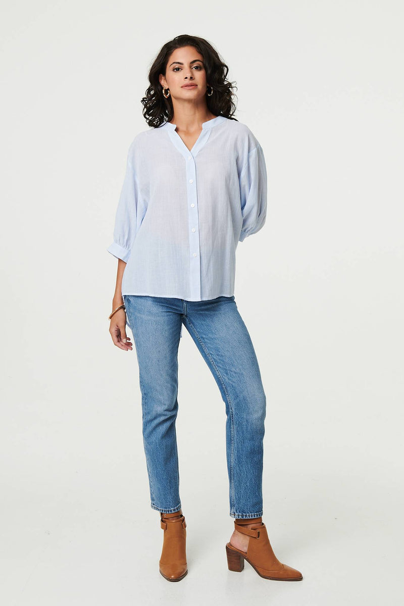 3/4 Sleeve Collarless Curve Hem Shirt