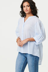 3/4 Sleeve Collarless Curve Hem Shirt