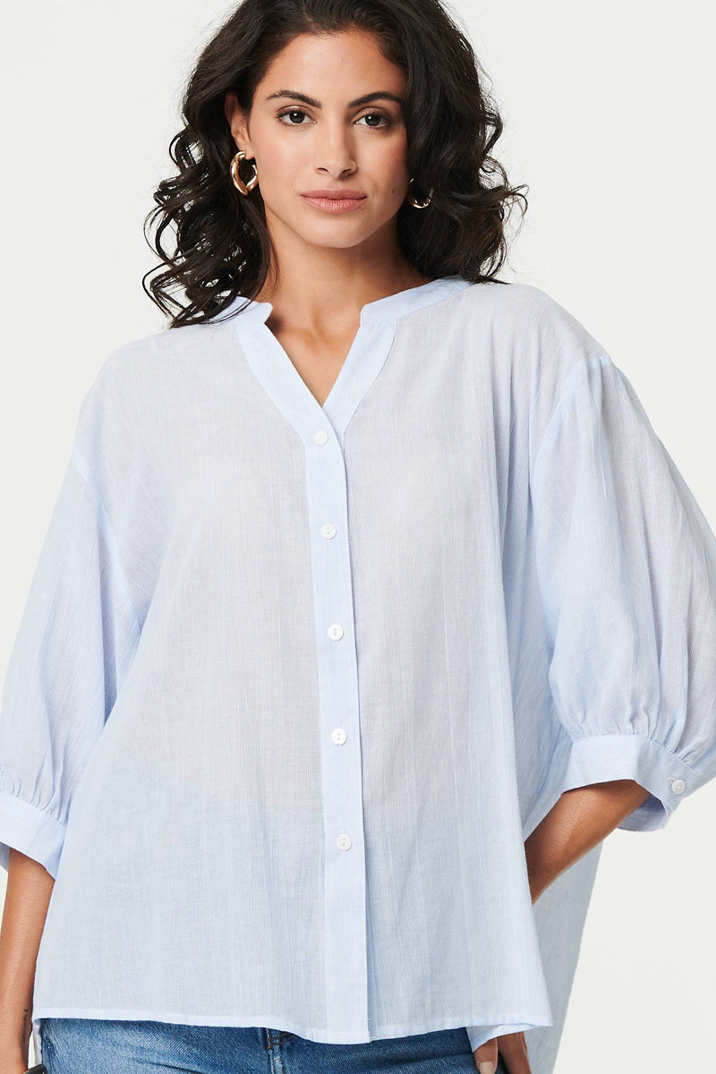 3/4 Sleeve Collarless Curve Hem Shirt