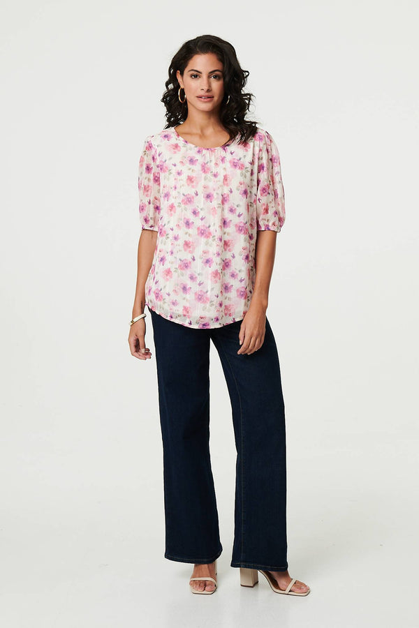 Floral 1/2 Sleeve Semi Sheer Blouse