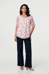 Floral 1/2 Sleeve Semi Sheer Blouse
