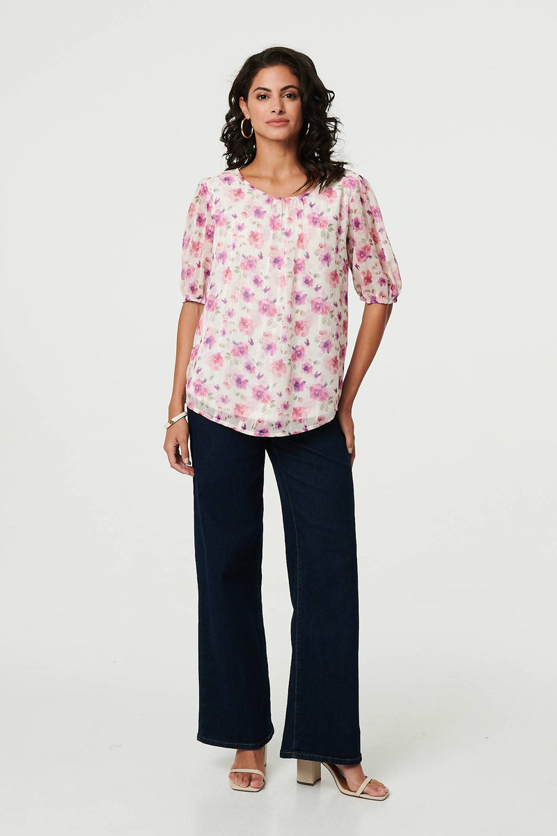 Floral 1/2 Sleeve Semi Sheer Blouse