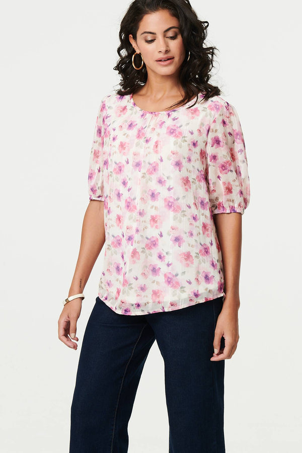 Floral 1/2 Sleeve Semi Sheer Blouse