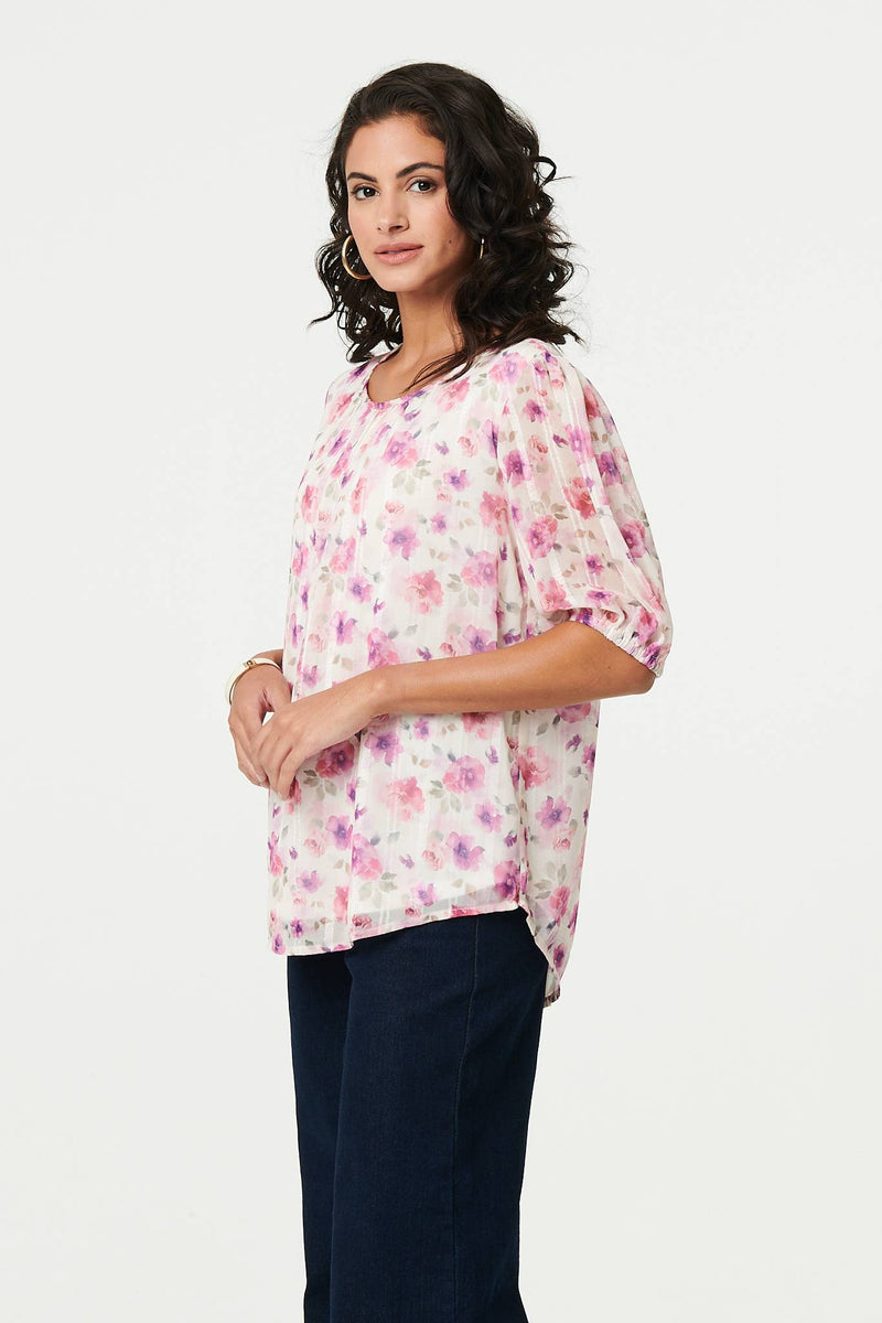Floral 1/2 Sleeve Semi Sheer Blouse