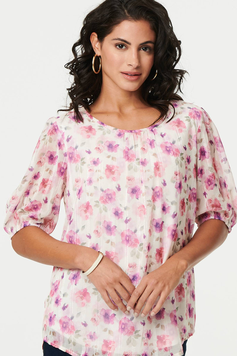 Floral 1/2 Sleeve Semi Sheer Blouse