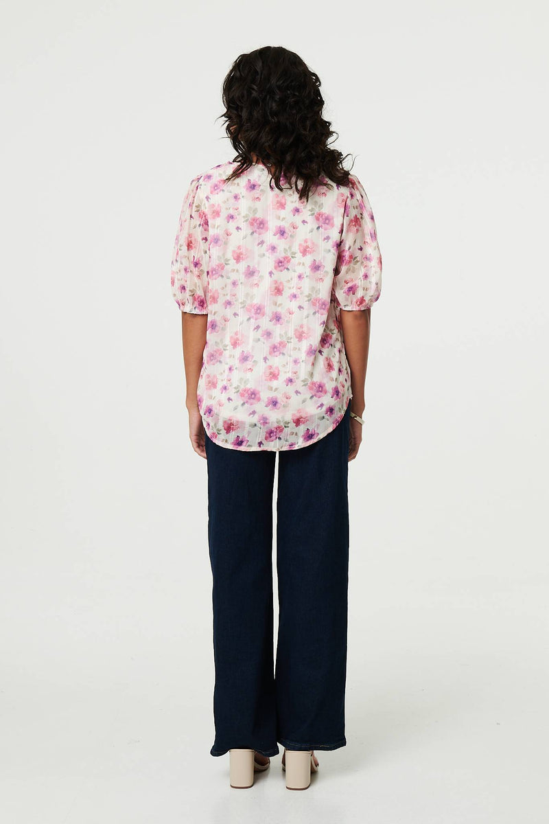 Floral 1/2 Sleeve Semi Sheer Blouse