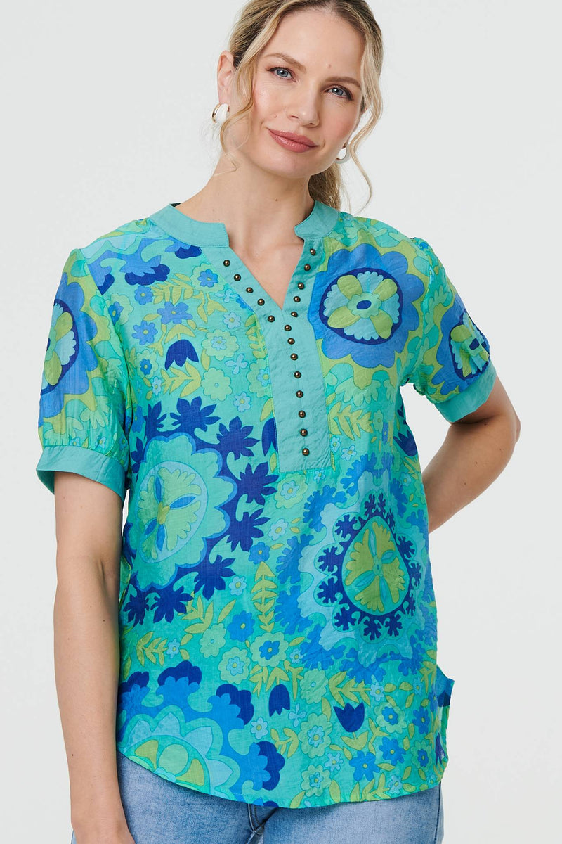 Floral Stud Detail Short Sleeve Blouse