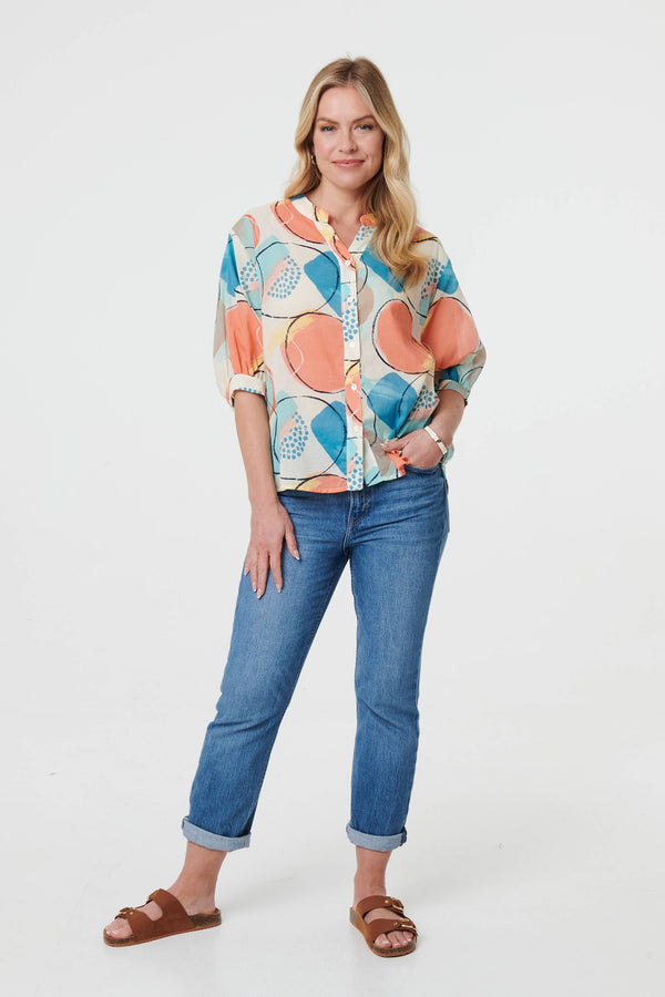 Printed 3/4 Sleeve Button-Back Blouse