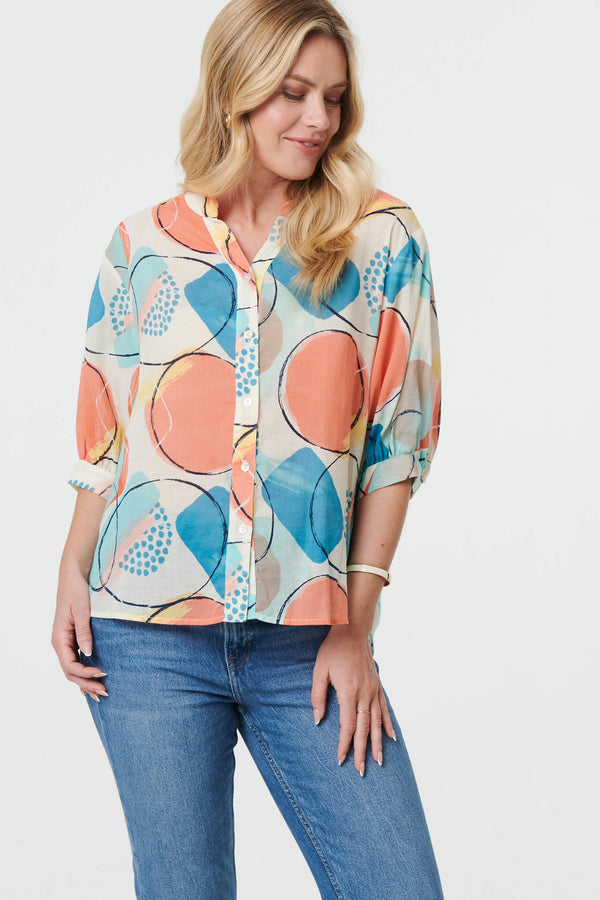 Printed 3/4 Sleeve Button-Back Blouse