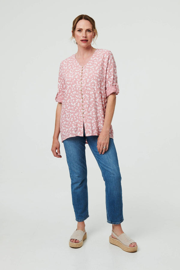 Ditsy Floral 3/4 Sleeve Curve Hem Top