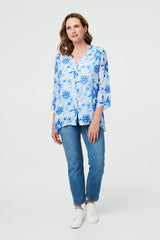 Floral Button Front Curve Hem Tunic