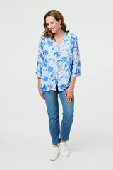 Floral Button Front Curve Hem Tunic
