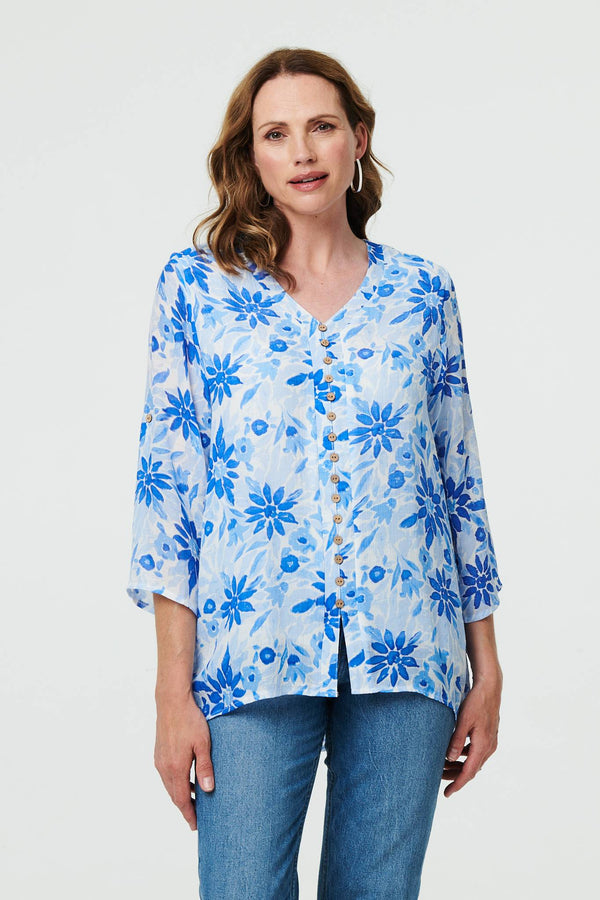 Floral Button Front Curve Hem Tunic