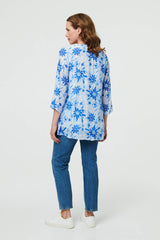 Floral Button Front Curve Hem Tunic