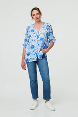 Floral Button Front Curve Hem Tunic