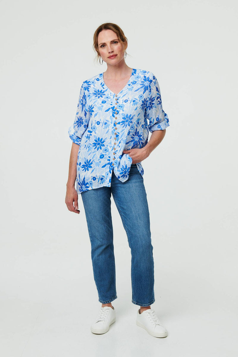 Floral Button Front Curve Hem Tunic