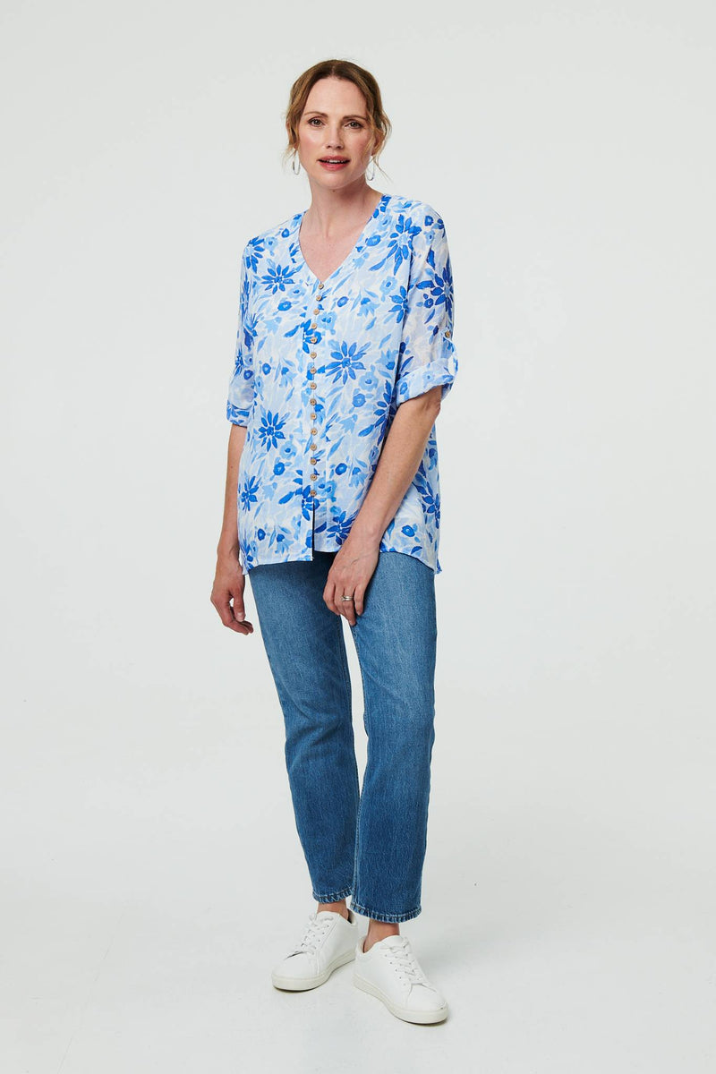 Floral Button Front Curve Hem Tunic