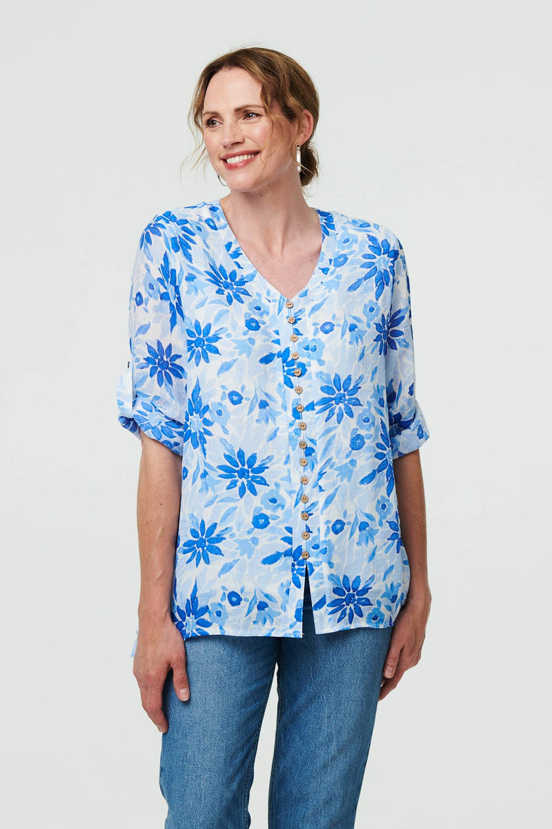 Floral Button Front Curve Hem Tunic