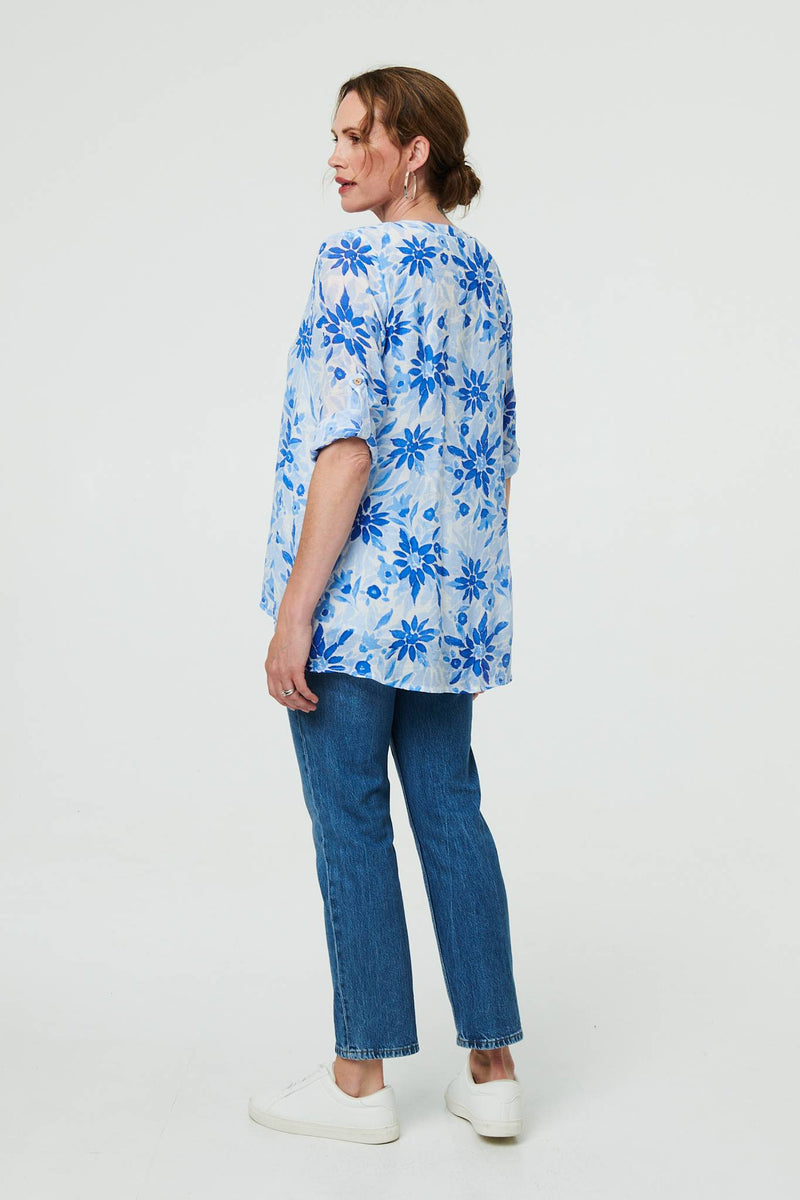 Floral Button Front Curve Hem Tunic
