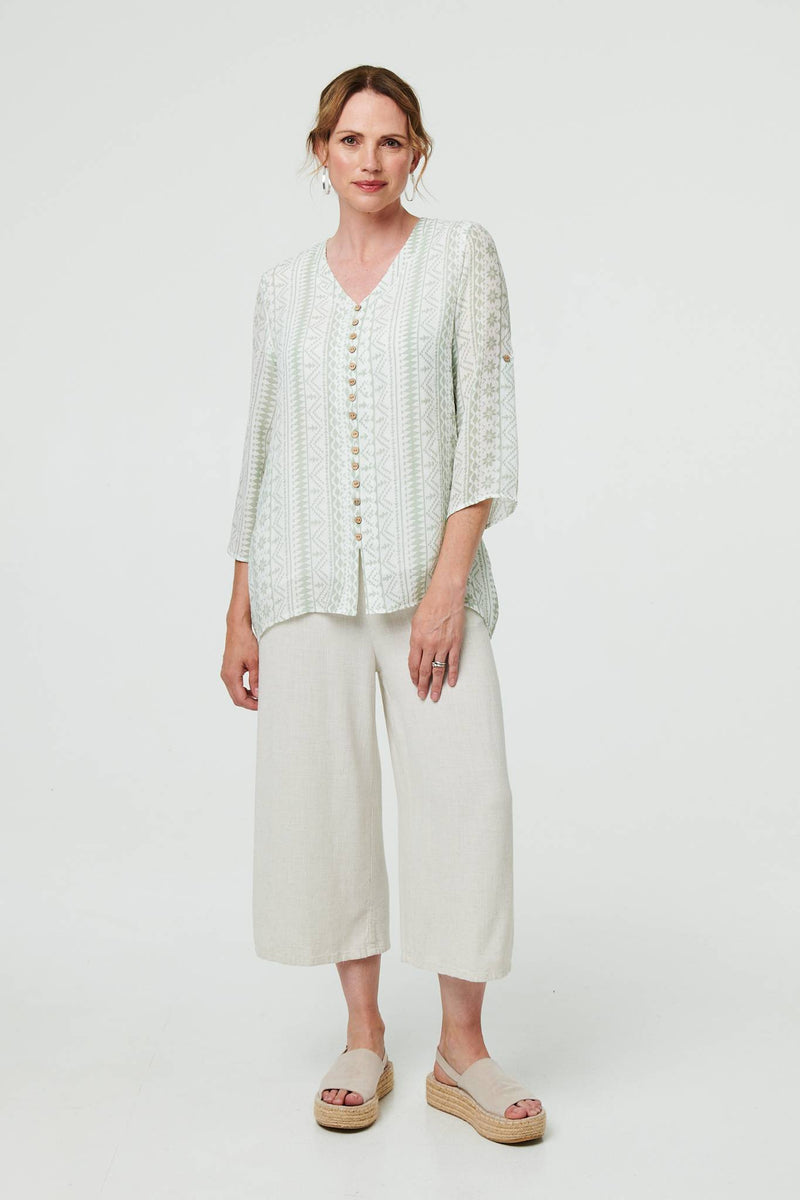 Printed Button Front Curve Hem Blouse