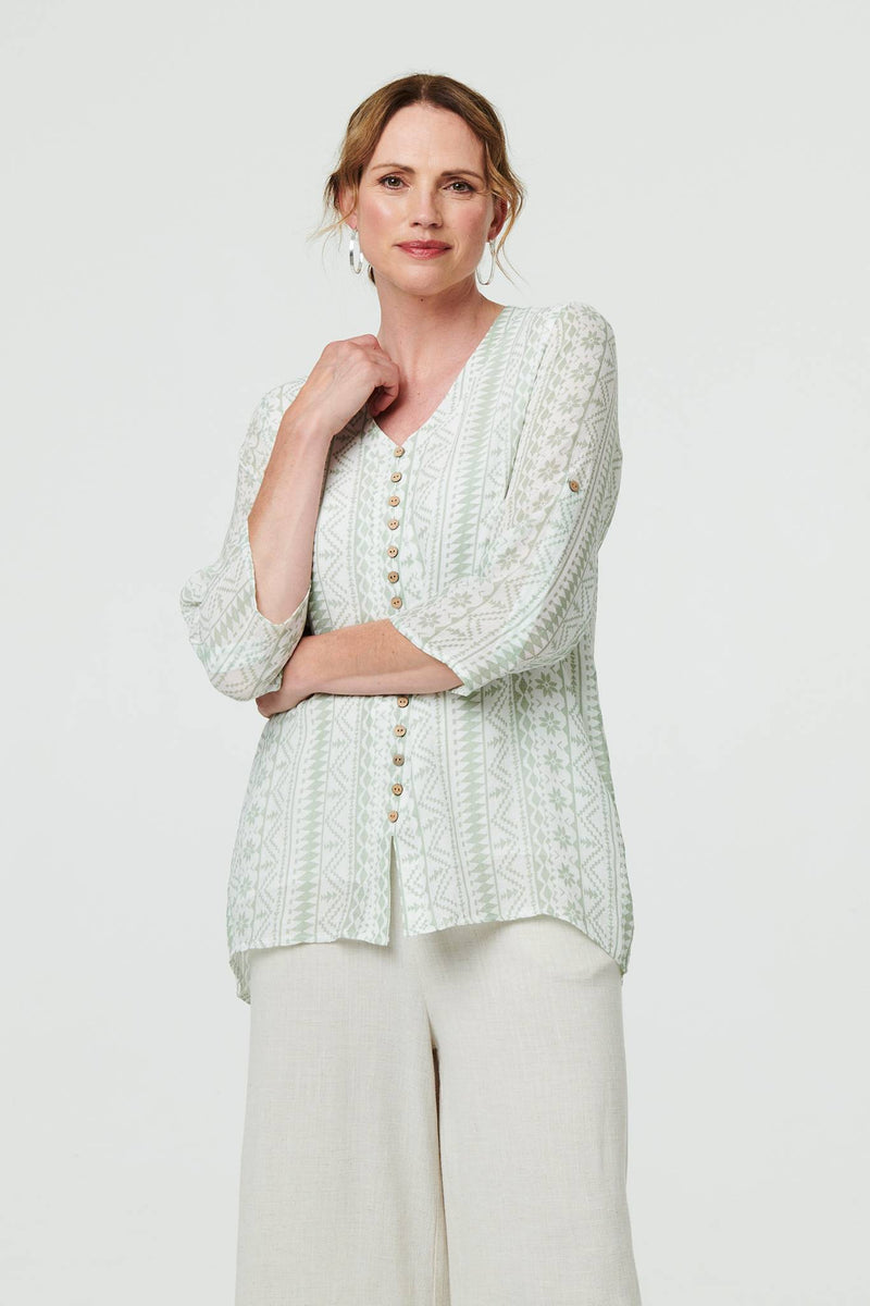 Printed Button Front Curve Hem Blouse