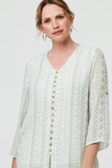 Printed Button Front Curve Hem Blouse