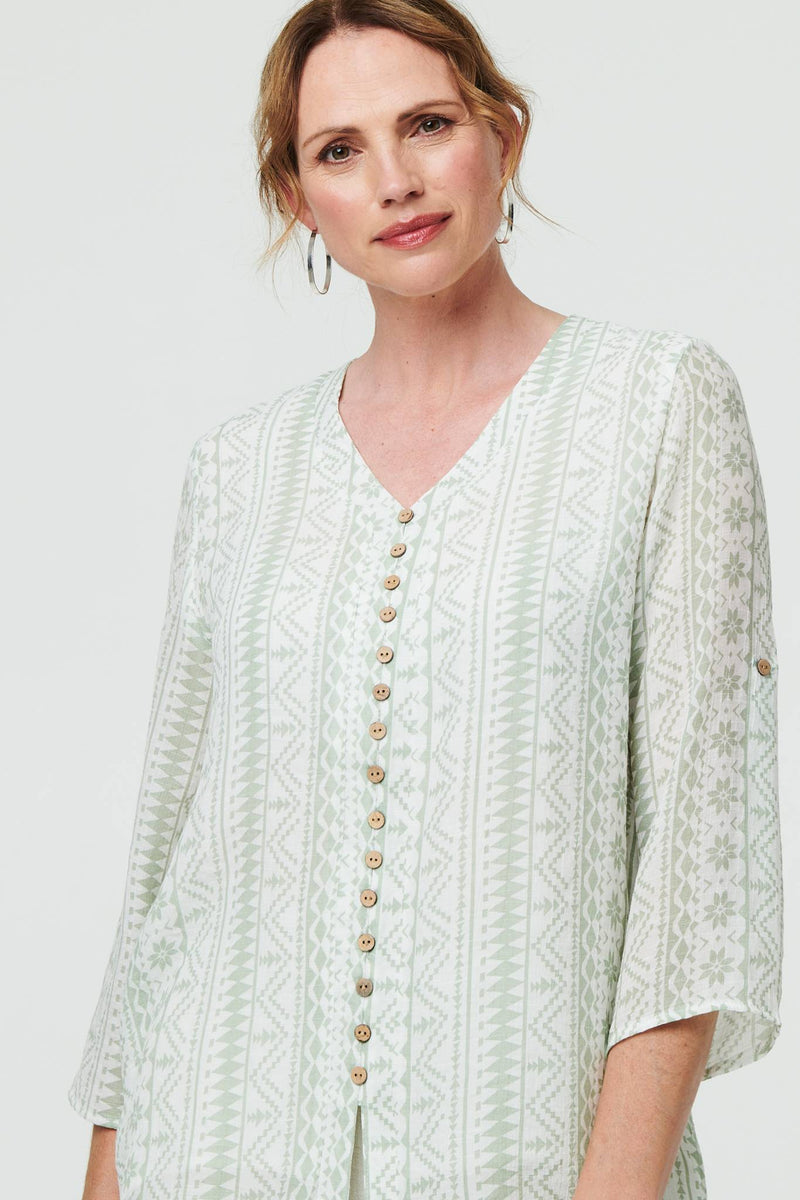 Printed Button Front Curve Hem Blouse
