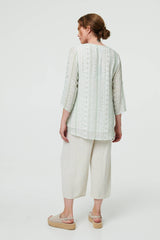 Printed Button Front Curve Hem Blouse