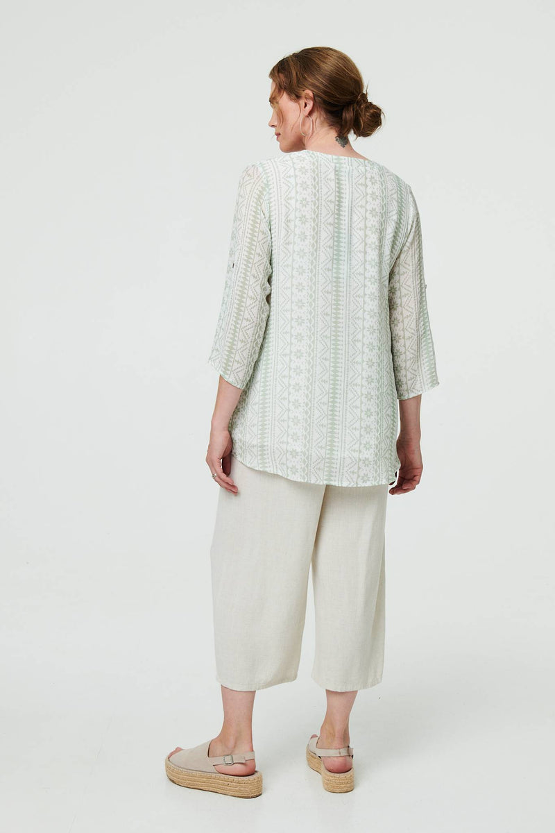 Printed Button Front Curve Hem Blouse